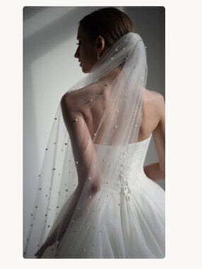 Scattered Pearl Wedding Veil Waltz Length Hip Length Wedding Veil Light Ivory